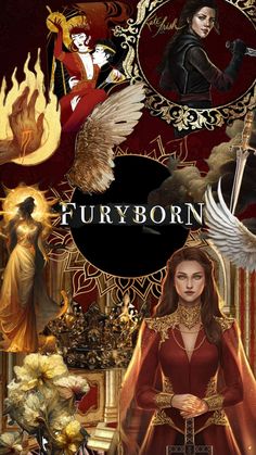 the cover to fury born, featuring an image of a woman in red and gold