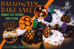 halloween bake sale flyer with cupcakes and decorations on it's sides