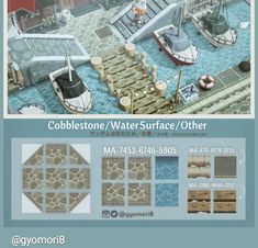 an advertisement for cobblestone water surface and other materials, including boats on the dock