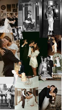 black and white wedding pictures with bride and grooms in the middle one is kissing on the other side