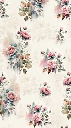 a floral wallpaper with pink roses and green leaves