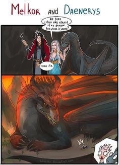 a comic strip with an image of a dragon and a woman talking to each other