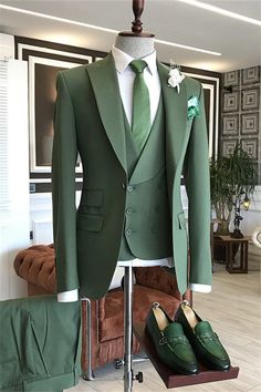 Ernest Modern Deep Sage Peaked Lapel Three Pieces Prom Suits Green Fitted Sets, Green Fitted Long Sleeve Suit, Fitted Green Long Sleeve Suit, Elegant Green Fitted Double Breasted Suit, Elegant Fitted Green Double Breasted Suit, Fitted Green Three-piece Suit For Party, Green Three-piece Suit With Notch Lapel For Party, Green Fitted Double Breasted Tuxedo, Green Notch Lapel Three-piece Suit For Party