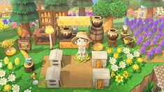 an animal crossing game with lots of flowers and plants on the ground in front of it