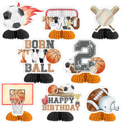 sports themed birthday party decorations including balloons, cake toppers and cupcake wrappers