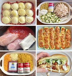 four pictures showing different types of food on plates and in bowls, including chicken, pasta, noodles, bread, salad, cheese, and other foods