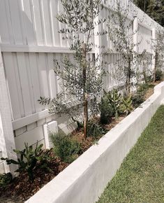 a white fence with trees and plants in it next to a building on the grass