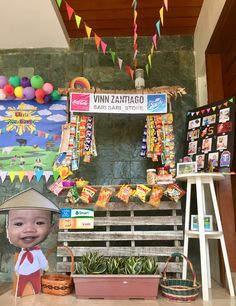 there is a fake person wearing a hat and holding a basket in front of a store display