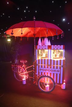 an umbrella is attached to a cart with a bicycle in it and lights on the side