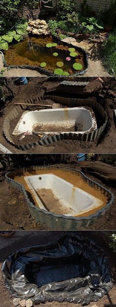 an old bathtub sitting in the middle of a pond filled with water lilies