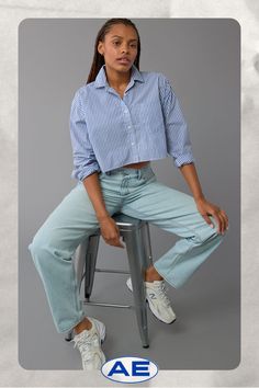 Cotton poplin/Collar/Long sleeves/Button-up front/This shirt is Real Good: made with the planet in mind and a promise to continue to do better Cropped Button Up Shirt Outfit, Cropped Button Up Shirt, White Jeans Men, Athletic Fit Jeans, Dream Jeans, Greece Vacation, Casual School Outfits, Jean Trends, Curvy Jeans