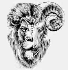 a black and white drawing of a ram's head with horns on his head