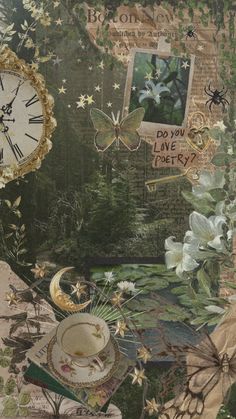 an altered collage with flowers, butterflies and a clock