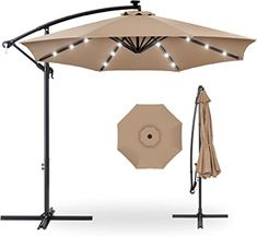 an outdoor umbrella with lights on it