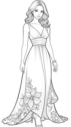 a woman in a long dress with flowers on the side and her hair pulled back