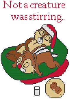 a cross stitch christmas card with an image of santa claus and his dog laying on the ground