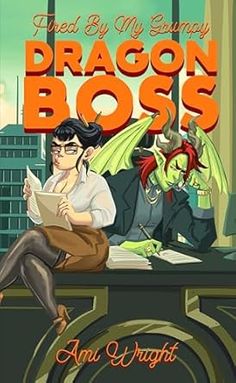 a man sitting on top of a desk in front of a dragon boss book cover