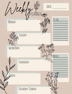 a printable weekly planner with flowers and leaves on it, including the date for each month