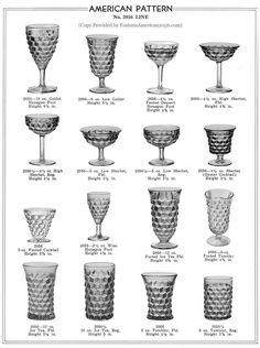 several different glass vases are shown in black and white, with the words american pattern on