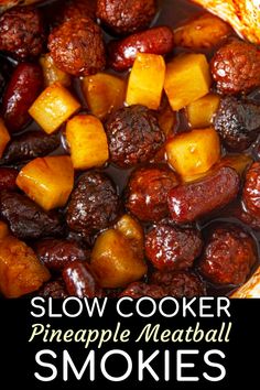 slow cooker pineapple meatball smokies with text overlay