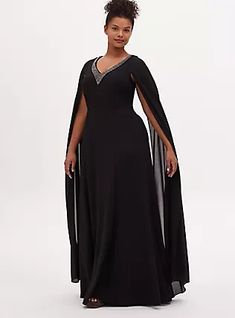 Disney Maleficent Special Occasion Black Crepe & Georgette Cape Sleeve Gown , DEEP BLACK Disney Ball Gown, Plus Size Gown, Collarless Denim Jacket, Black And White Gown, Georgette Gown, Disney Maleficent, Off Shoulder Gown, Plus Size Gowns, Premium Leggings