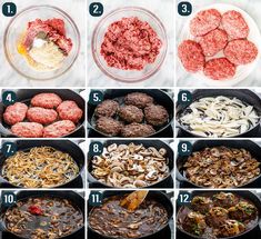 step by step instructions to make hamburger burgers in a skillet, including meatballs and onions