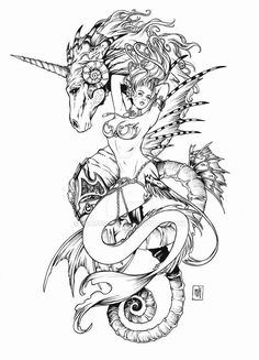 a black and white drawing of a dragon holding a woman's head with horns