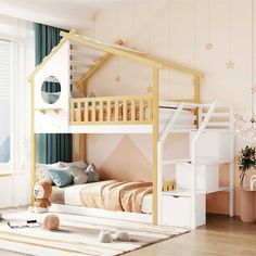 a child's bedroom with a bunk bed, dresser and toy house on the floor