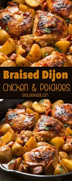 chicken and potatoes in a skillet with text overlay