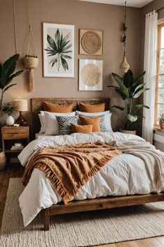 a bed with pillows and blankets in a bedroom next to two plants on the wall