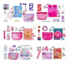 the contents of a hello kitty doll are shown in pink and purple colors, including accessories