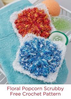 three different types of crochet scrubbys on a towel in a basket