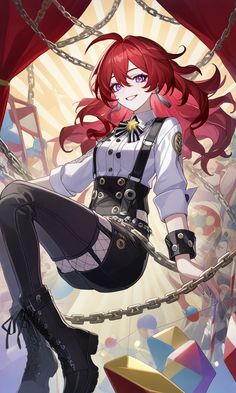 an anime character with long red hair and black pants, sitting on a metal chain