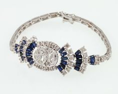 18k White Gold Diamond and Sapphire Plaque Art Deco Bracelet Gorgeous! 3.4 TCW #ArtDeco Bezel Set Marquise, Art Deco Bracelet, Marquise Diamond, Tiffany & Co., Pandora Charm Bracelet, Sapphire Ring, Round Diamonds