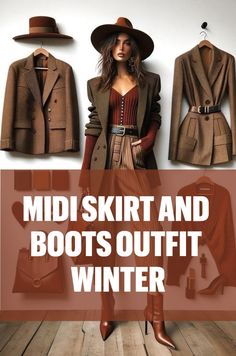 Brown Boots With Skirt Outfit, Fall Long Skirt Outfits With Boots, Brown Skirt With Boots, Midi Skirt With Boots, Midi Skirt Outfit Fall