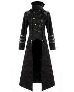 Stunning Gothic Visual-Kei/Steampunk style long coat in soft distressed-effect cotton fabric, with unique zip-off feature at the waist to transform into a short jacket! FITS CHEST SIZE. Fitted Hooded Halloween Outerwear, Vintage Halloween Outerwear With Buttons, Halloween Cosplay Outerwear With Adjustable Hood, Steampunk Long Coat For Halloween, Gothic Style Hooded Outerwear, Hooded Steampunk Outerwear For Fall, Steampunk Hooded Outerwear For Fall, Fitted Gothic Hooded Outerwear, Hooded Outerwear For Larp And Halloween