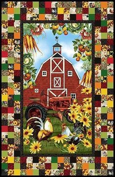 a quilt with farm animals and sunflowers in front of a red barn on a checkerboard background