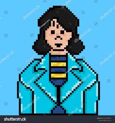 an old school pixel art style character in a blue jacket with his hands on his hips