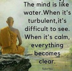 a buddha sitting on top of a rock next to a river with a quote about the mind