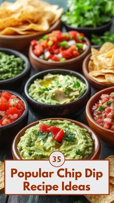 An assortment of popular chip dips including guacamole, spinach artichoke dip, and salsa, displayed in bowls on a table. Chip And Dip Bar, Best Party Dips, Homemade Chip Dip, Chip Dip Recipe, Creamy Spinach Artichoke Dip, Easy Chip Dip, Sweet Appetizers, Guacamole Chips, Chip Dip Recipes