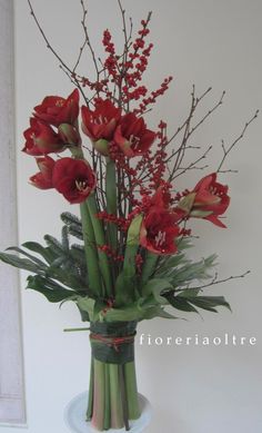 red flowers are in a vase with green stems and greenery on the bottom, against a white wall