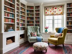 a living room filled with lots of bookshelves next to a chair and ottoman