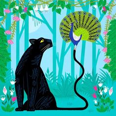 a painting of a black cat with a peacock on it's tail sitting in front of trees