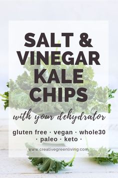 a pile of kale chips sitting on top of a wooden table with the words salt and vinegar kale chips