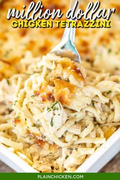 a spoon full of chicken tetrazzini on top of a white casserole dish