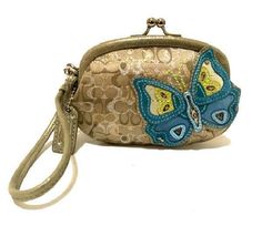 NWT COACH LTD ED LUREX GOLD SIG C BUTTERFLY APPLIQUE FRAMED COIN PURSE WRISTLET Leather Applique, Collage Pics, Butterfly Applique, Birthday Wishlist, Purse Clutch, Lady Bug, Dream Wardrobe, Coach Handbags, Purse Wallet