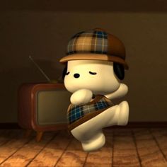 a cartoon character is dancing in front of a small tv on the floor with a hat and scarf around his neck