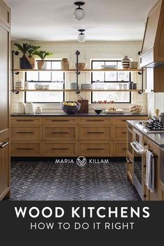 a kitchen with wooden cabinets and tiled flooring