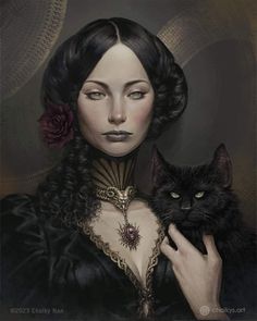 a painting of a woman holding a black cat in her hand and wearing a tiara