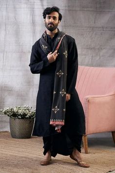 Shop for Soup by Sougat Paul Black Muslin Slub Zahra Kurta And Dhoti Pant Set With Shawl for Men Online at Aza Fashions Dhoti Pants For Men, Sougat Paul, Gents Kurta Design, Gents Kurta, Black Suit Wedding, Kurta Men, Dhoti Pants, Wedding Dress Men, Boys Fits